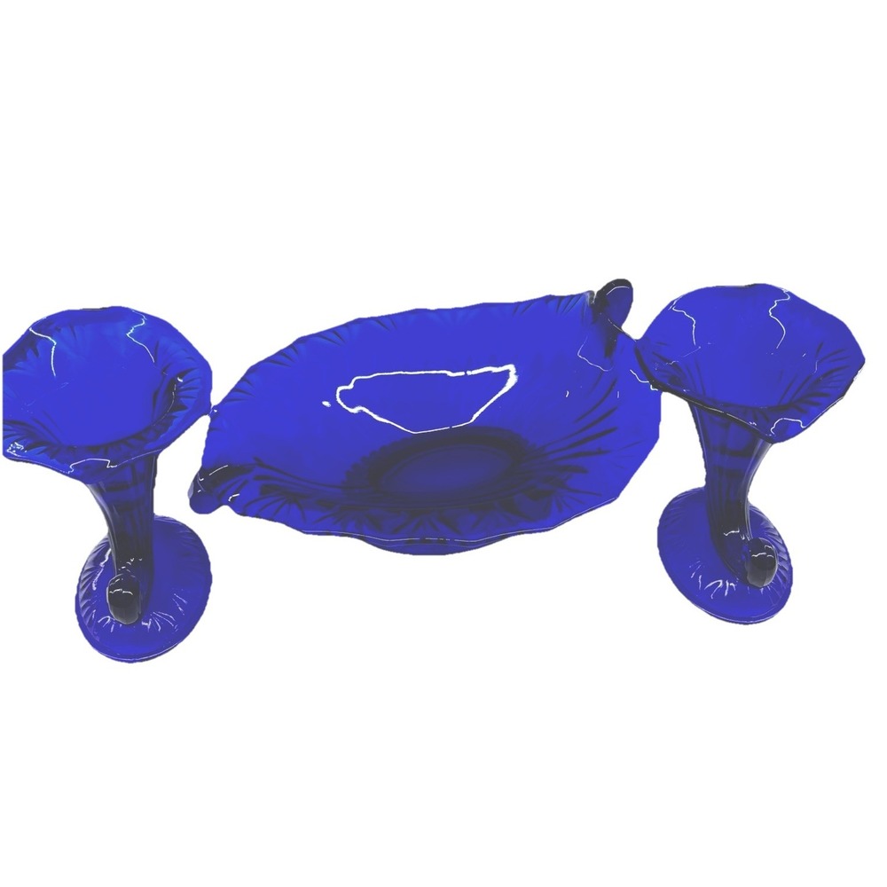 FENTON‎ ROYAL BLUE CORNUCOPIA CONSOLE SET #950 3 Piece VINTAGE COLLECTIBLE